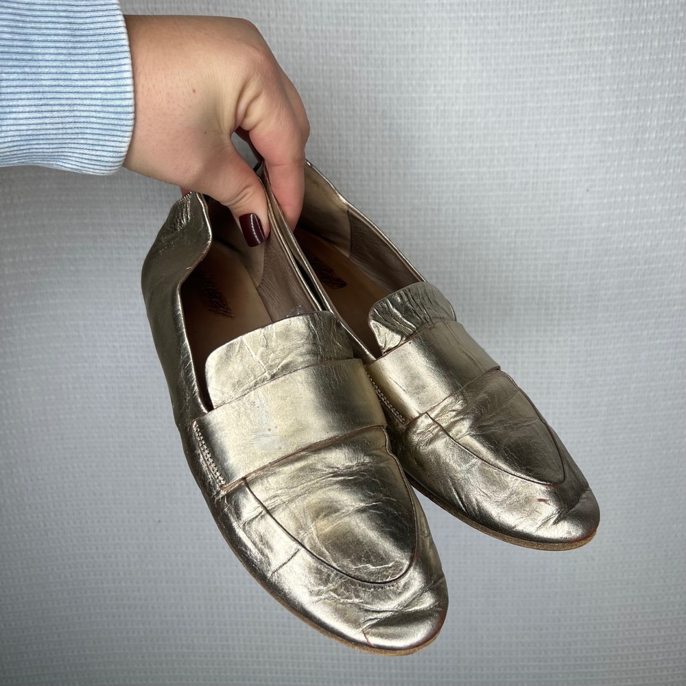Marsell Metallic Gold Leather Loafers Flat Shoes Women Size 36.5 Italy